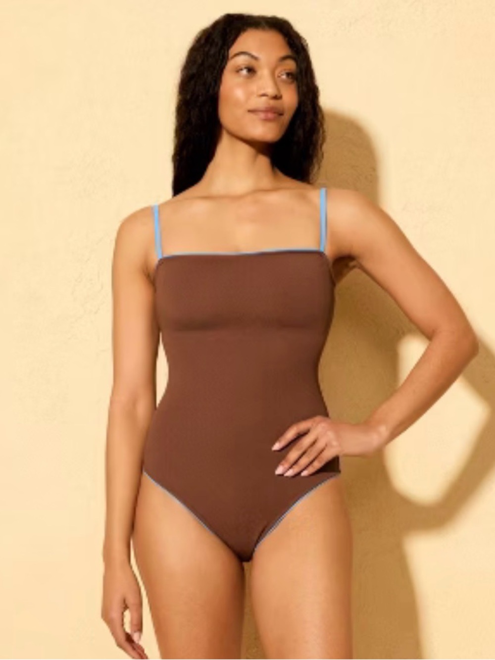 NWT Brown Strap One-Piece Swimsuit with Blue Trim